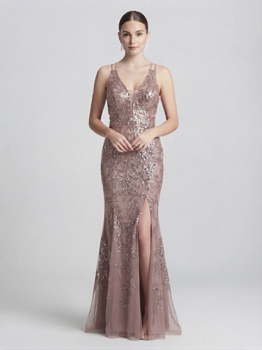 Mon Cheri Rose Taupe Sequin V-Neck Prom Gown with Slit